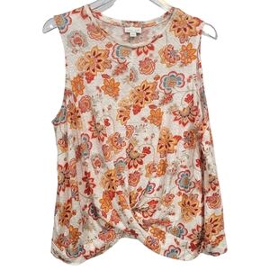 J. Jill Tank Top SZ L Love Linen Floral Orange Cream Blue Twist Bottom Detail